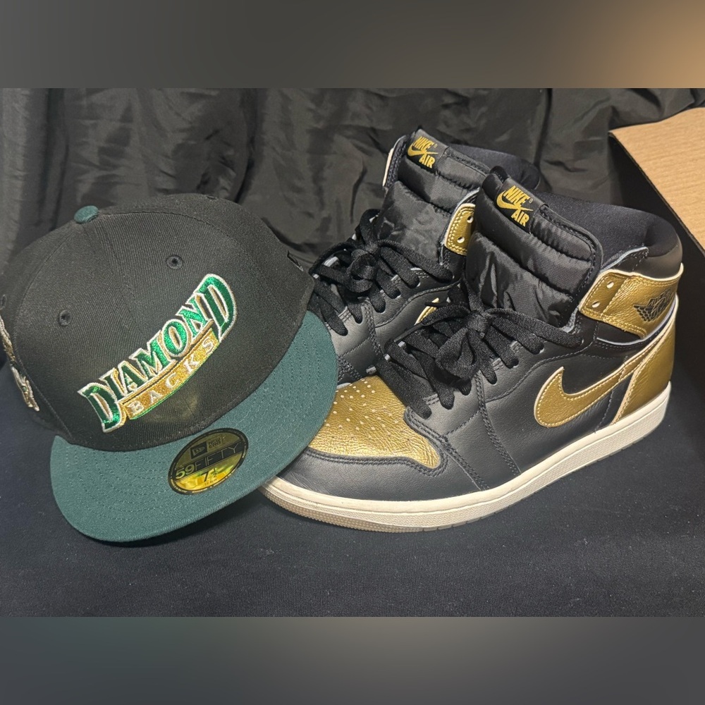Nike Air Jordan 1 High Black and Gold Sneakers -10.5
Diamondback hat- 7 1/2